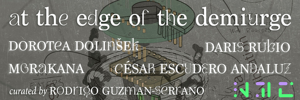 Square promotional graphic for New Media Caucus exhibition “at the edge of the demiurge.” A hand-drawn speculative structure of platforms, suspended elements, cables, and organic forms occupies the center. Sketchbook-style notes and arrows fill the background. A dark band across the image contains the title, artist names, curator credit, and the New Media Caucus logo.