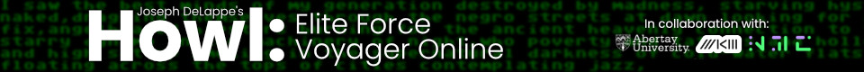 Promotional image for the exhibition Howl: Elite Force Voyager Online, it shows a screenshot of a video game with a gun and the first lines of Allen Ginsberg’s famous poem Howl. At the bottom, logos of the New Media Caucus, ZKM, and Abertay University can be seen. The background is a blurred dark green fragment of the poem.