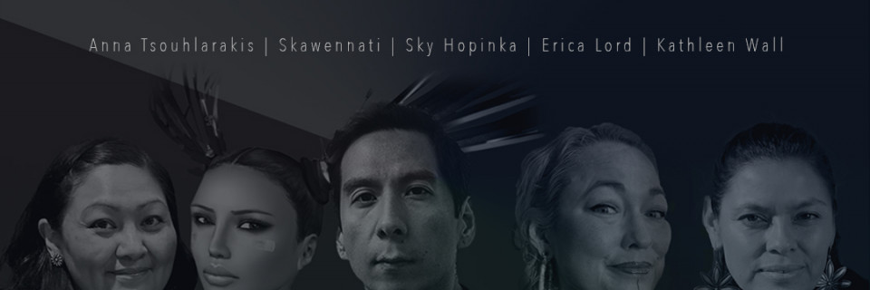 A promo image for the exhibition Shapeshifting Lineages, agains an abstract dark blue/grey background the faces of five people can be seen. One of the people is a digital avatar
