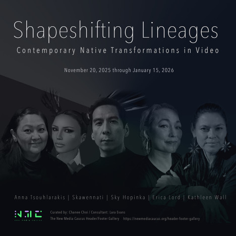 A promo image for the exhibition Shapeshifting Lineages, agains an abstract dark blue/grey background the faces of five people can be seen. One of the people is a digital avatar