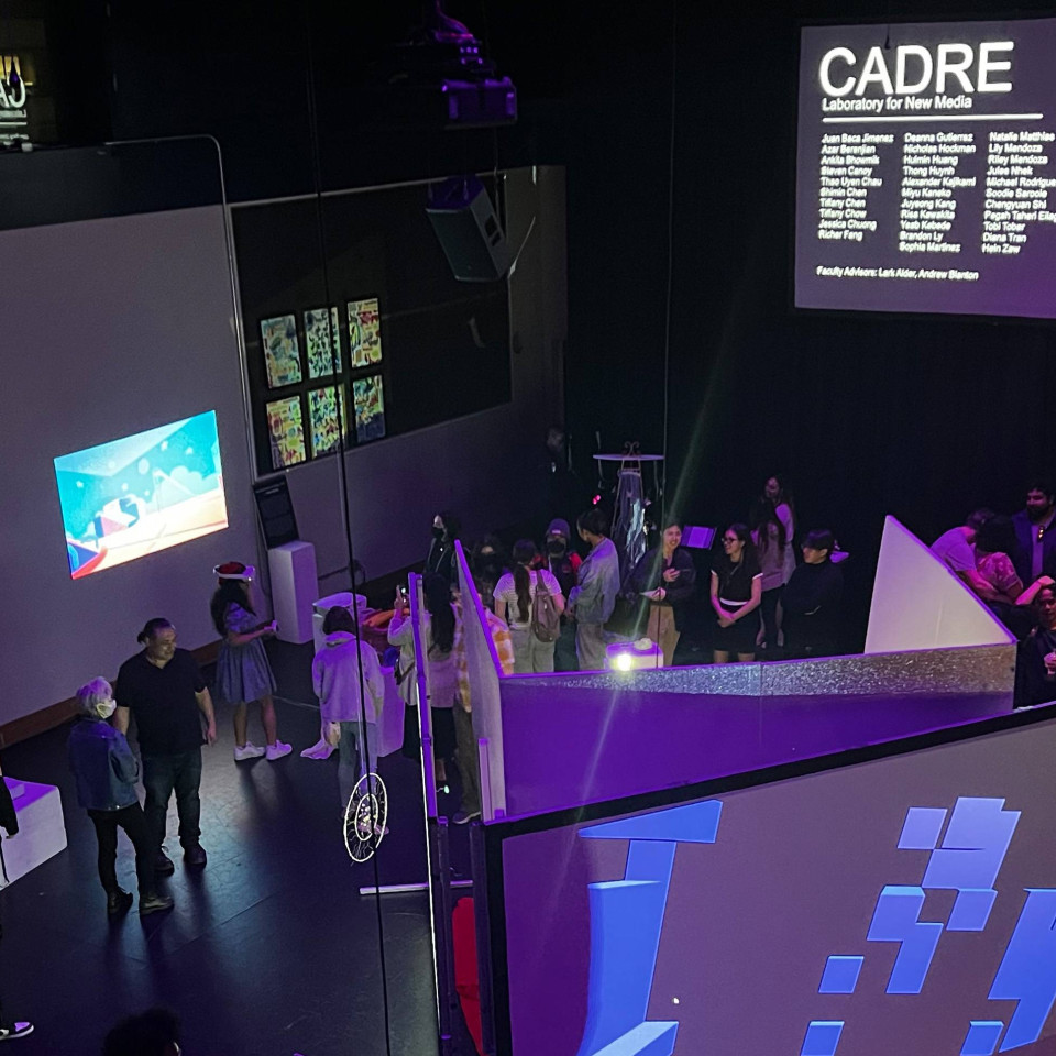 CADRE laboratory for new media. This is an opening reception photo taken from above.