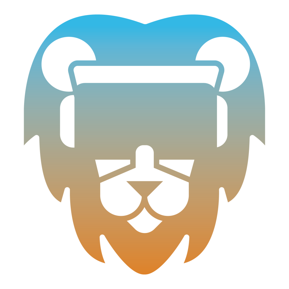 Lion logo wearing VR headset. Gradient coloration starts aquamarine blue at the top and shifts to purple in the middle and orange at the bottom.