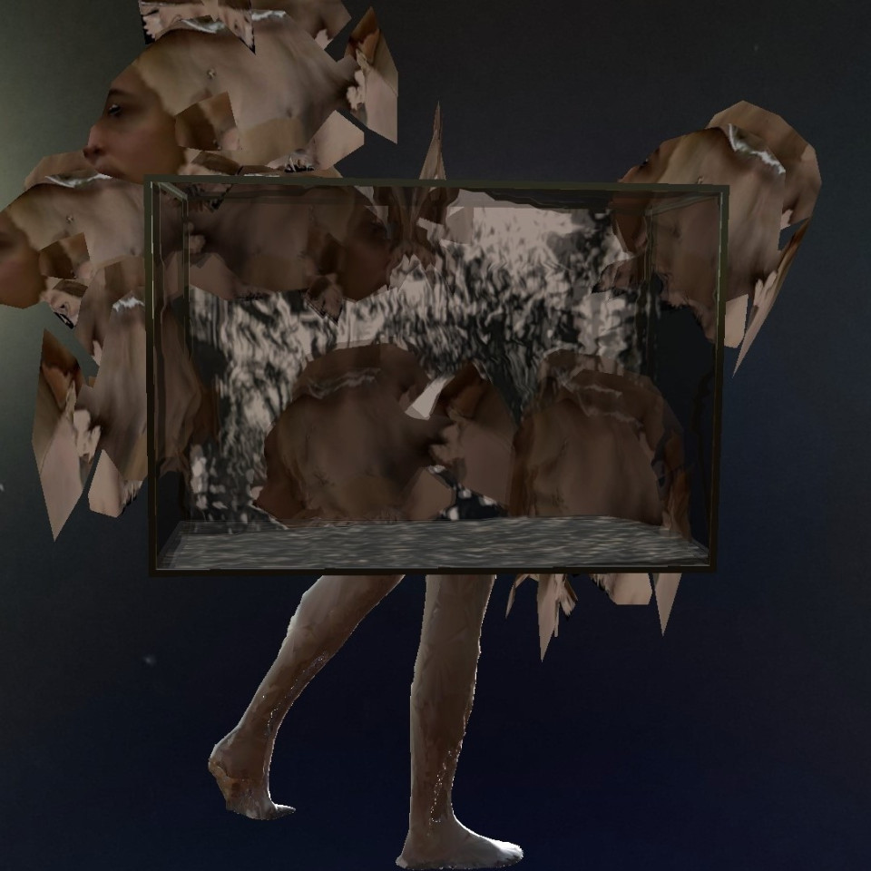 A self portrait by JLS Gangwisch depicting the artist as fish outside of a tank.